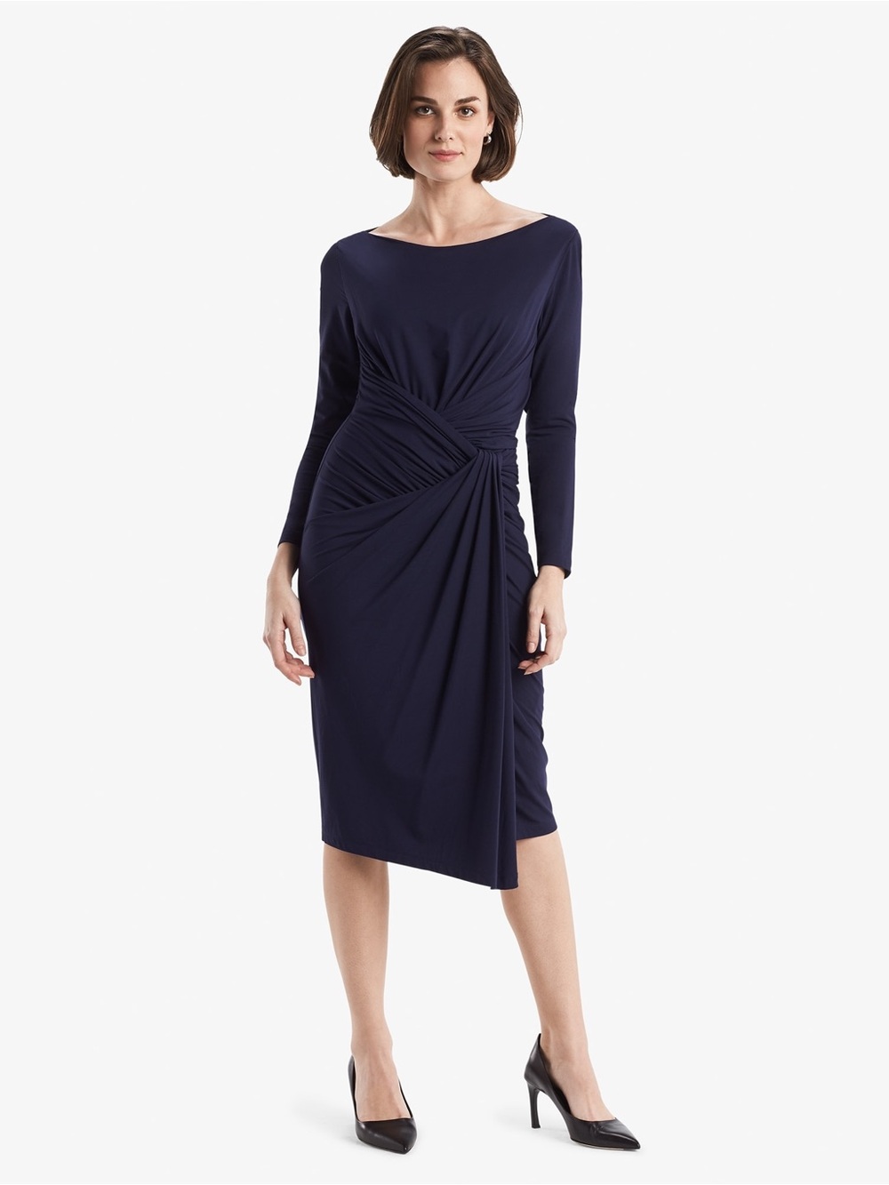 MM Lafleur Keiko Navy Long Sleeve Draped Knot Midi Dress